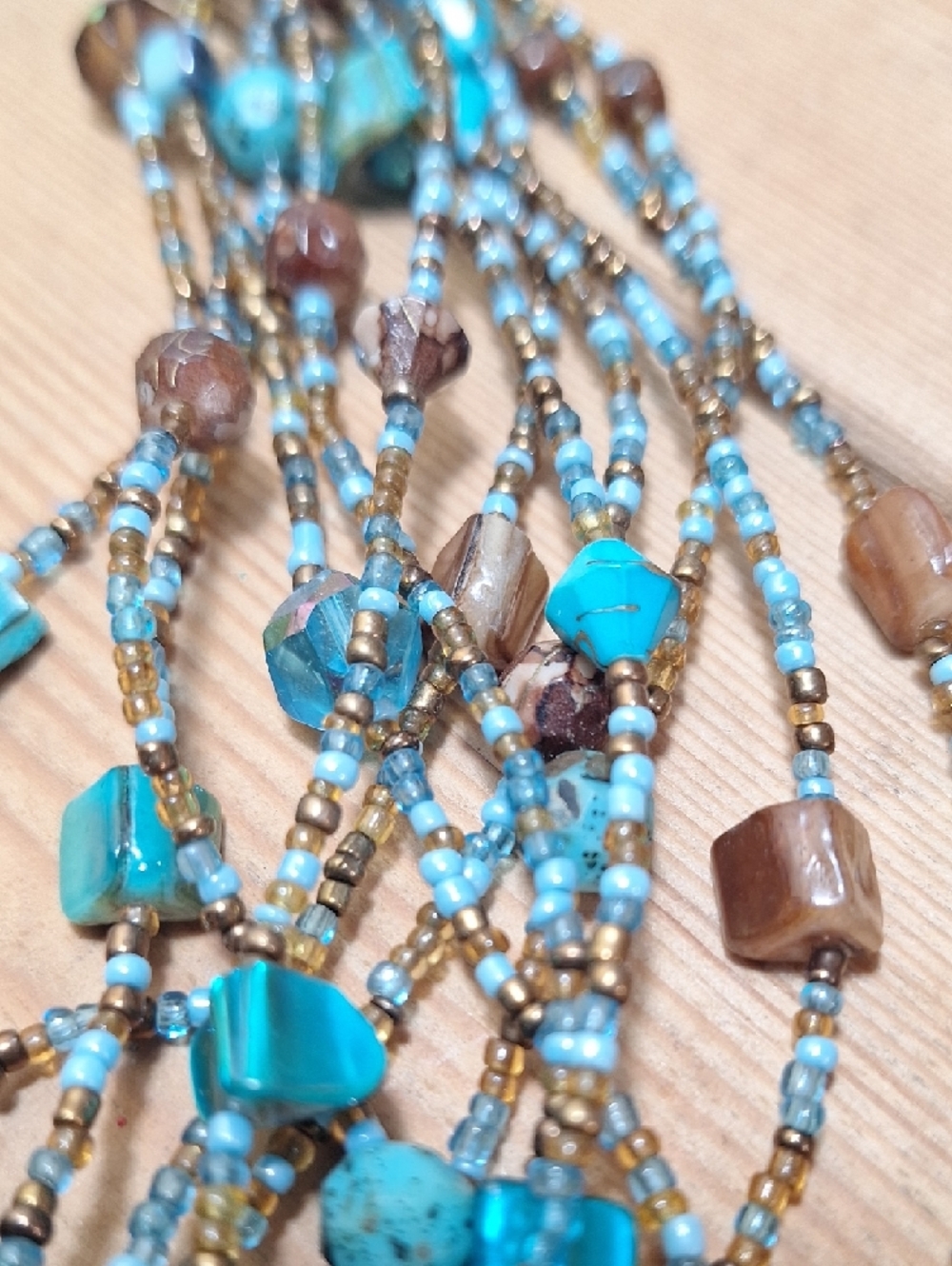 Multi-Strand Turquoise & Brown Beaded Necklace - Bohemian - Picture 8 of 12